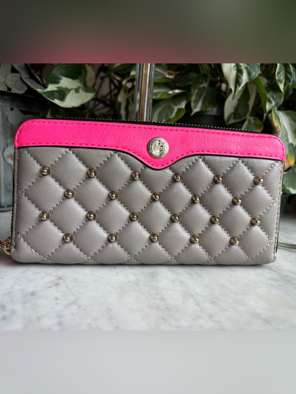 Rebecca Minkoff Quilted Studded Wallet in Gray with Hot Pink Trim